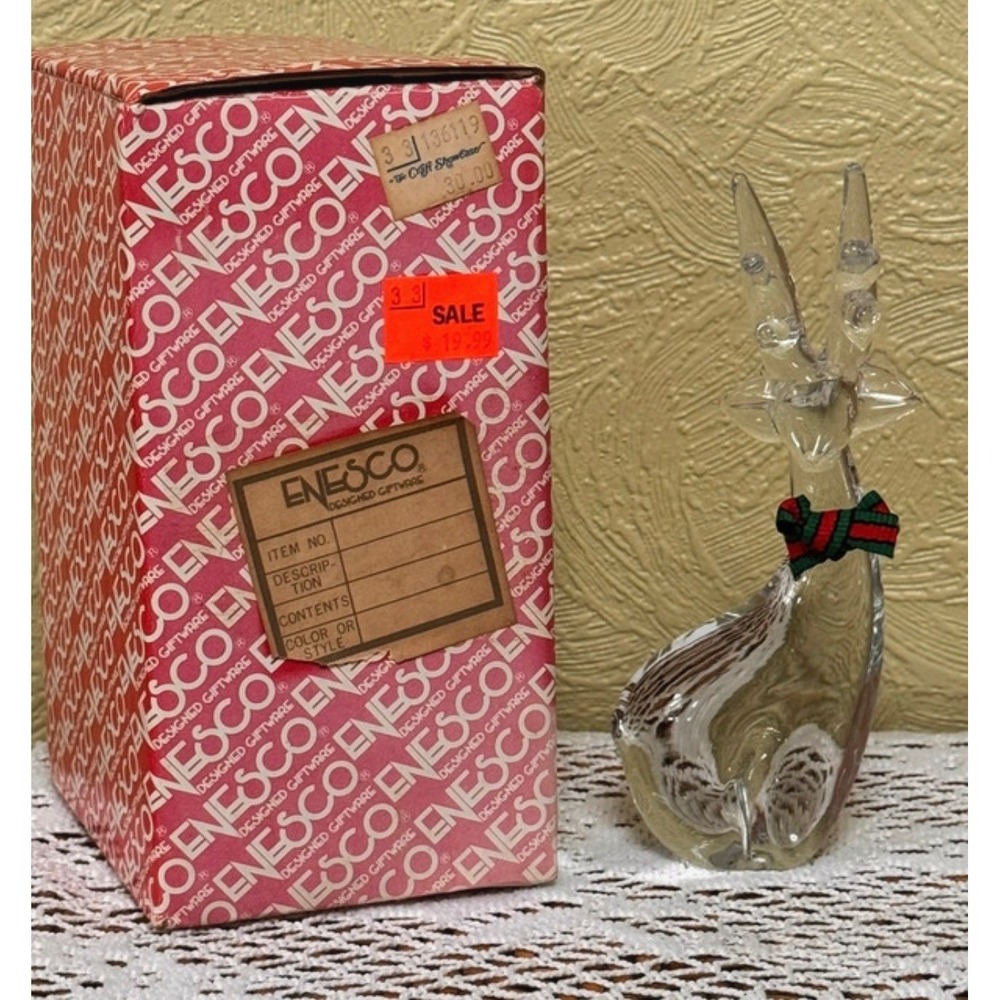 Enesco Vintage Christmas Glass Reindeer/Deer figurine clear glass Original Box